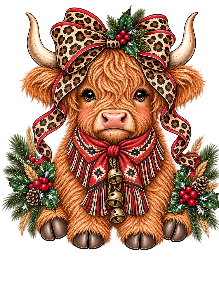 Highland Cow Christmas Shirt, Western Cowgirl Tee, Vintage Christmas T-Shirt, Leopard Bow Cow, Rustic Farmhouse Holiday Gift by Vireltoo