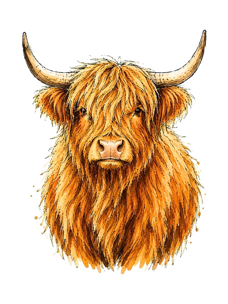 Minimal Highland Cow Watercolor | Hand Drawn Farm Animal Illustration by ColorSplash123