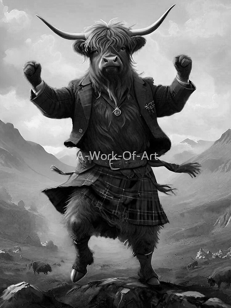 Monochrome Scottish Highland Cow Dancing The Highland Fling by A-Work-Of-Art