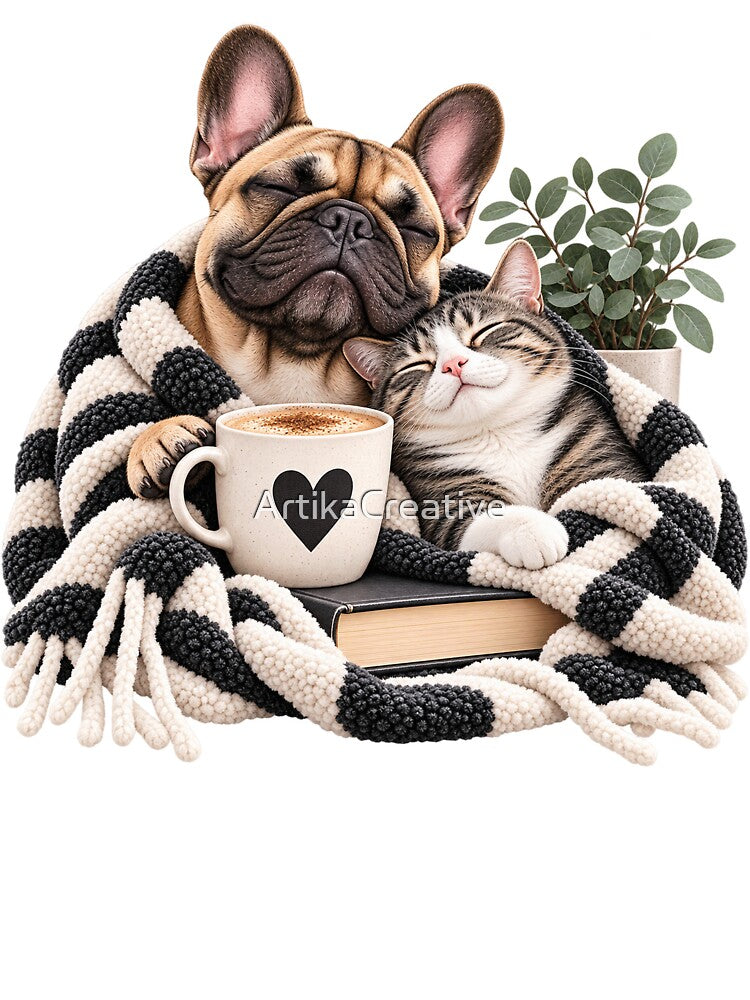 Cozy French Bulldog and Cat by ArtikaCreative