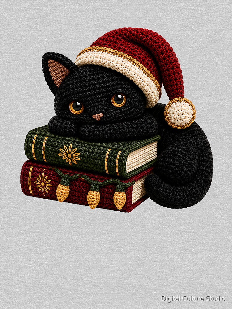 Christmas Bookish Black Cat – Crochet Cat & Books Yarn Art by Digital Culture Studio