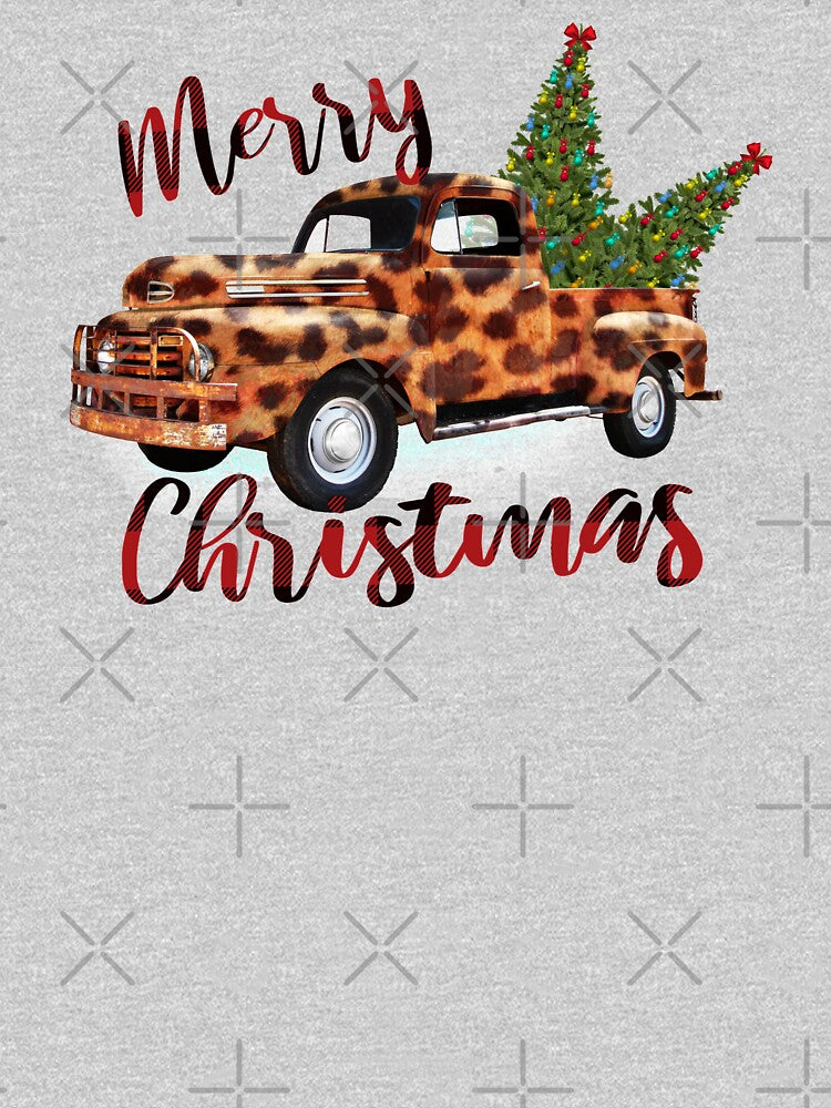 Merry Christmas Buffalo Plaid Leopard Truck with Christmas Trees by StickerArtwork