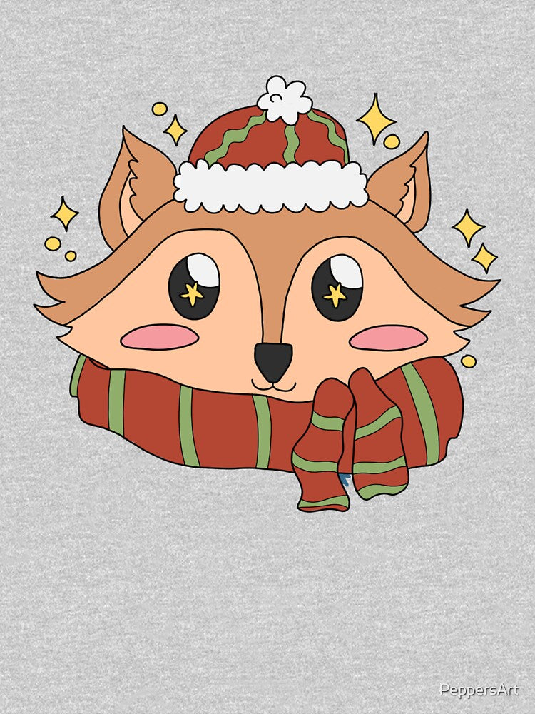 Cute Fox in Red & Green Beanie and Scarf   Christmas Holiday Design by PeppersArt