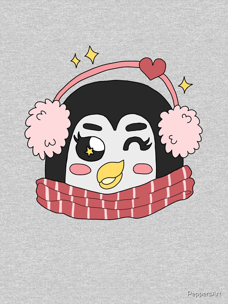 Cute Penguin in Pink Scarf and Earmuffs  Christmas Holiday Design by PeppersArt
