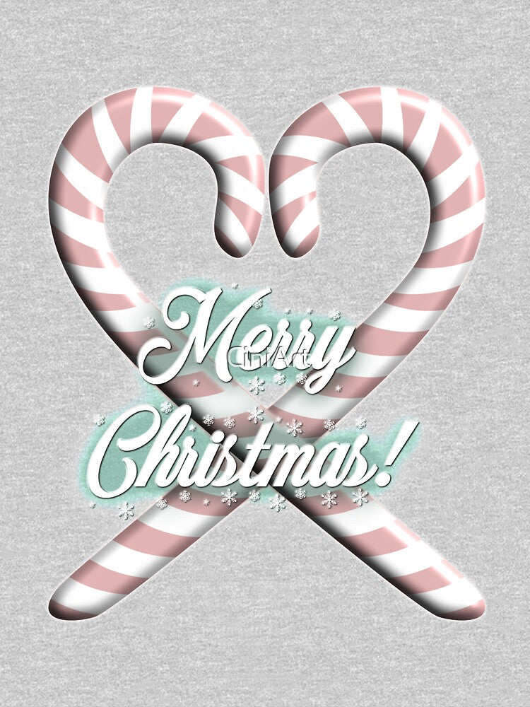 Classic red and white striped candy canes forming a heart, with Merry Christmas text and turquoise background by CiniArt