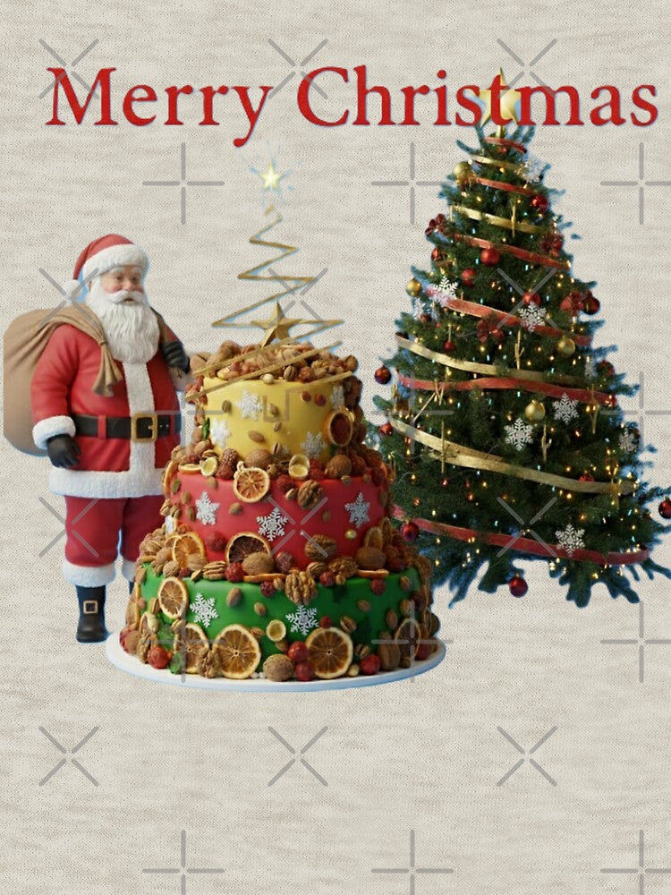 Santa with Christmas Cake and Decorated Tree Merry Christmas Scene by DroolWorthyUS