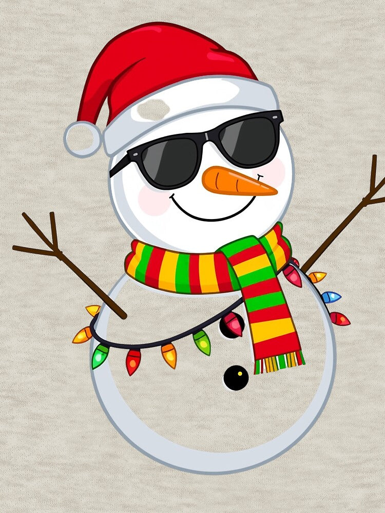 Cool Snowman Christmas Illustration – Santa Hat, Sunglasses & Colorful Lights by PixelVibe782