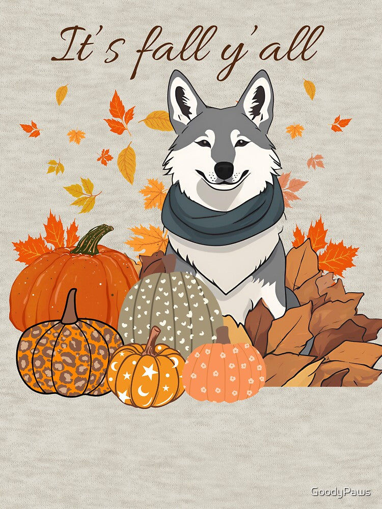 'It's Fall Y'all - Cozy Saarlooswolfhond with Pumpkins and Leaves" by GoodyPaws