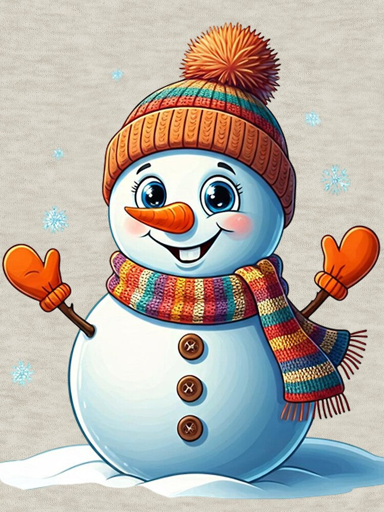 Cute Snowman with Colorful Beanie and Scarf – Cheerful Winter Cartoon Illustration by PixelVibe782