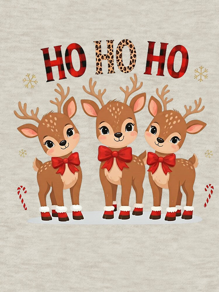 Cute Christmas Reindeer Trio with “HO HO HO” Festive Lettering | Adorable Holiday Vector Art with Candy Canes and Snowflakes by PixelVibe782