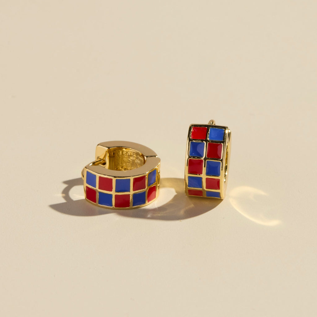 Red & Blue Checkered Enamel Huggies