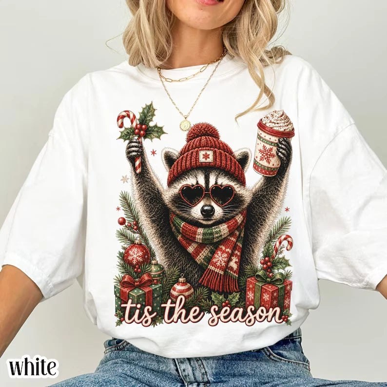 Christmas 2026 Raccoon T Shirt, Cute Holiday Graphic Tee, Tis The Season Gift
