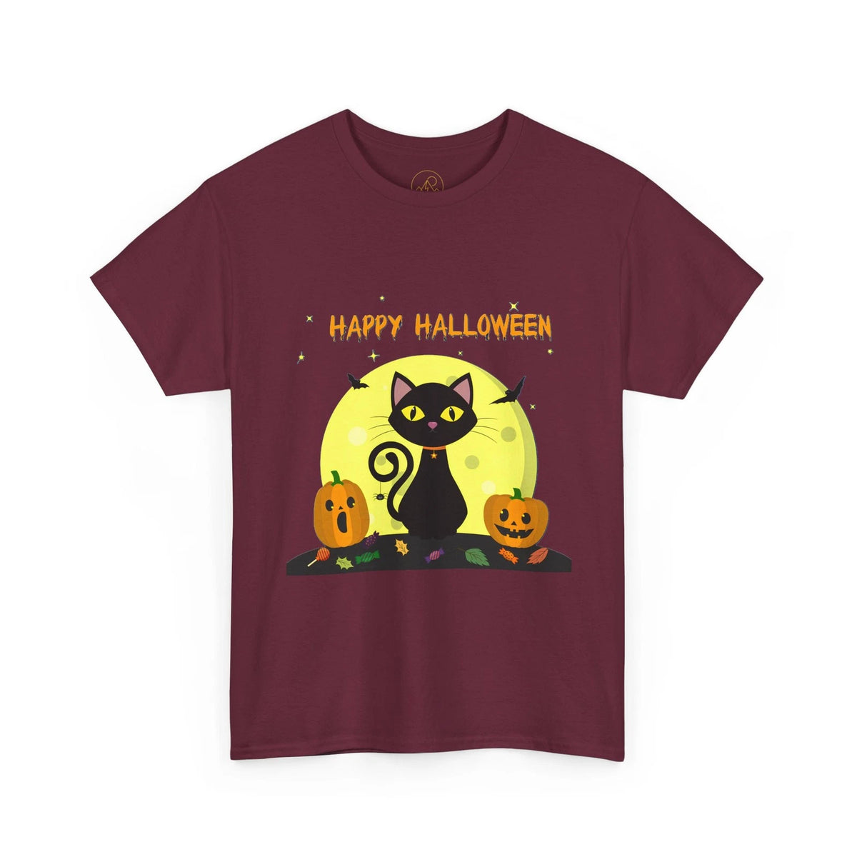 Happy Halloween Black Cat T-Shirt | Pumpkin Moonlight Bat Halloween Design Tee