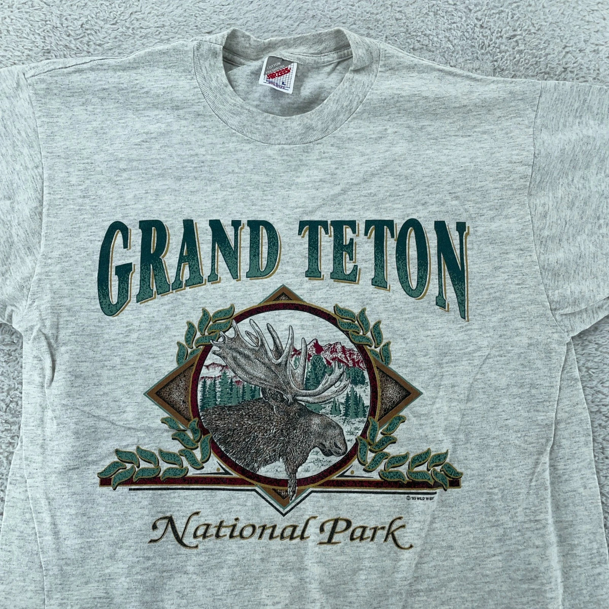 Vtg Wild West Grand Teton National Park T-Shirt FITS M Gray Wyoming Moose Nature