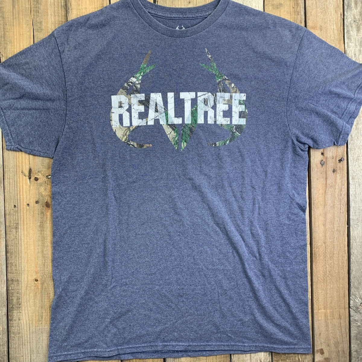 Realtree T-Shirt Men's L Blue Camo Antler Logo Cotton Blend Short Sleeve
