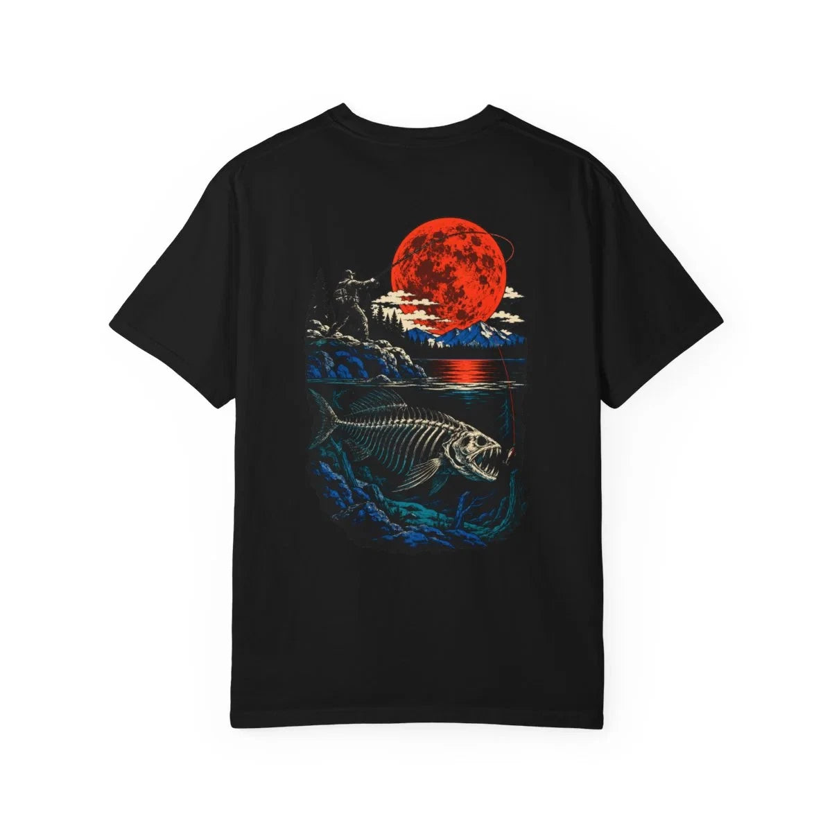 Shore Fishing Skeletal Fish T-Shirt Black Back Print Comfort Colors 1717