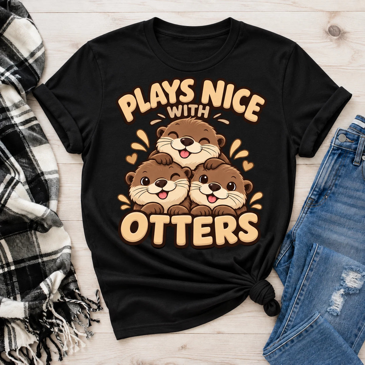 Plays Nice With Otters T-Shirt | Cute Otter Trio Tee