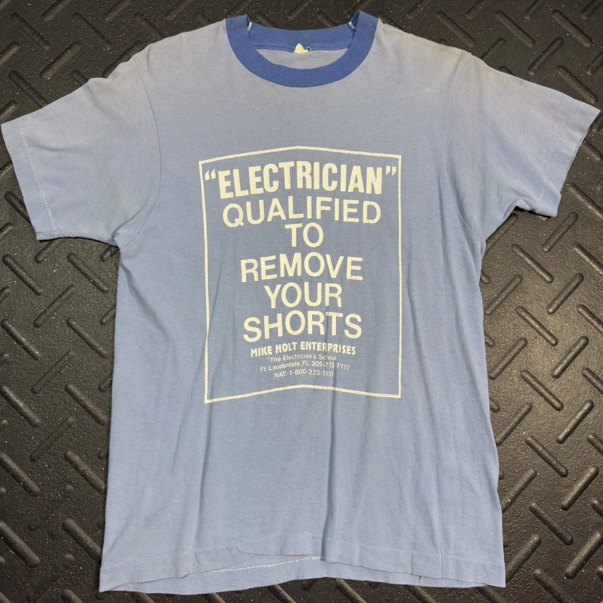 Vintage 70s Electrician Ringer Shirt ‘Qualified To Remove Your Shorts’ Medium