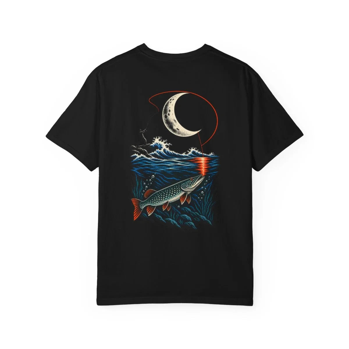 Northern Pike Night Fishing T-Shirt Black Back Print Comfort Colors 1717