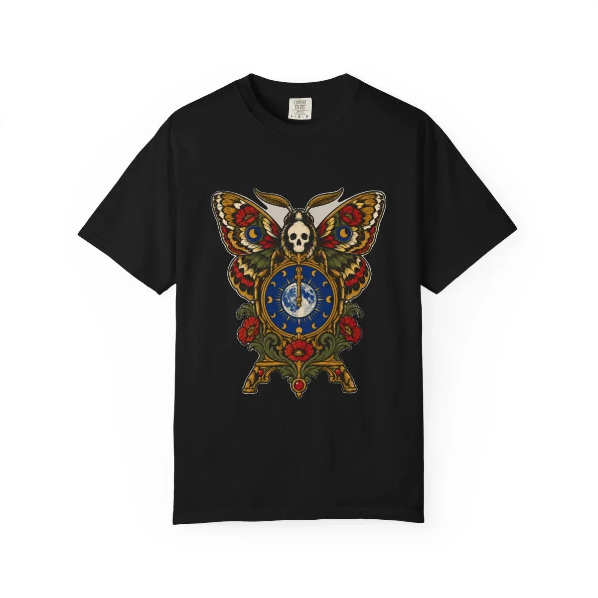 Moth Clock Strikes Midnight Ornamental Creature T-Shirt Black Front Print