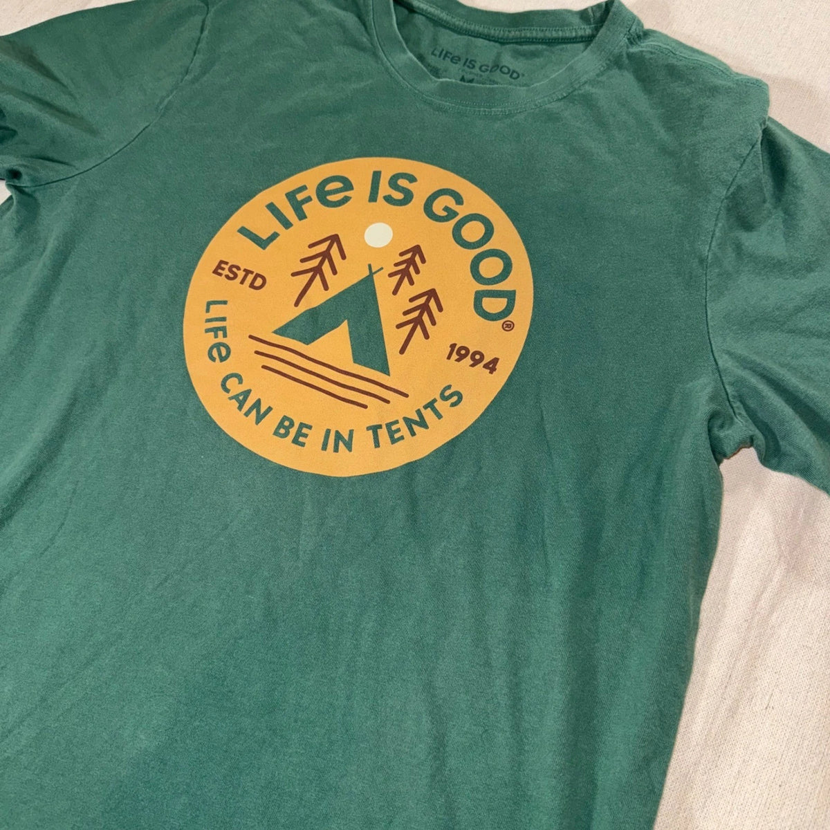Life Is Good Mens Green Crusher Tee Life Can Be In Tents Camping Graphic Shirt M