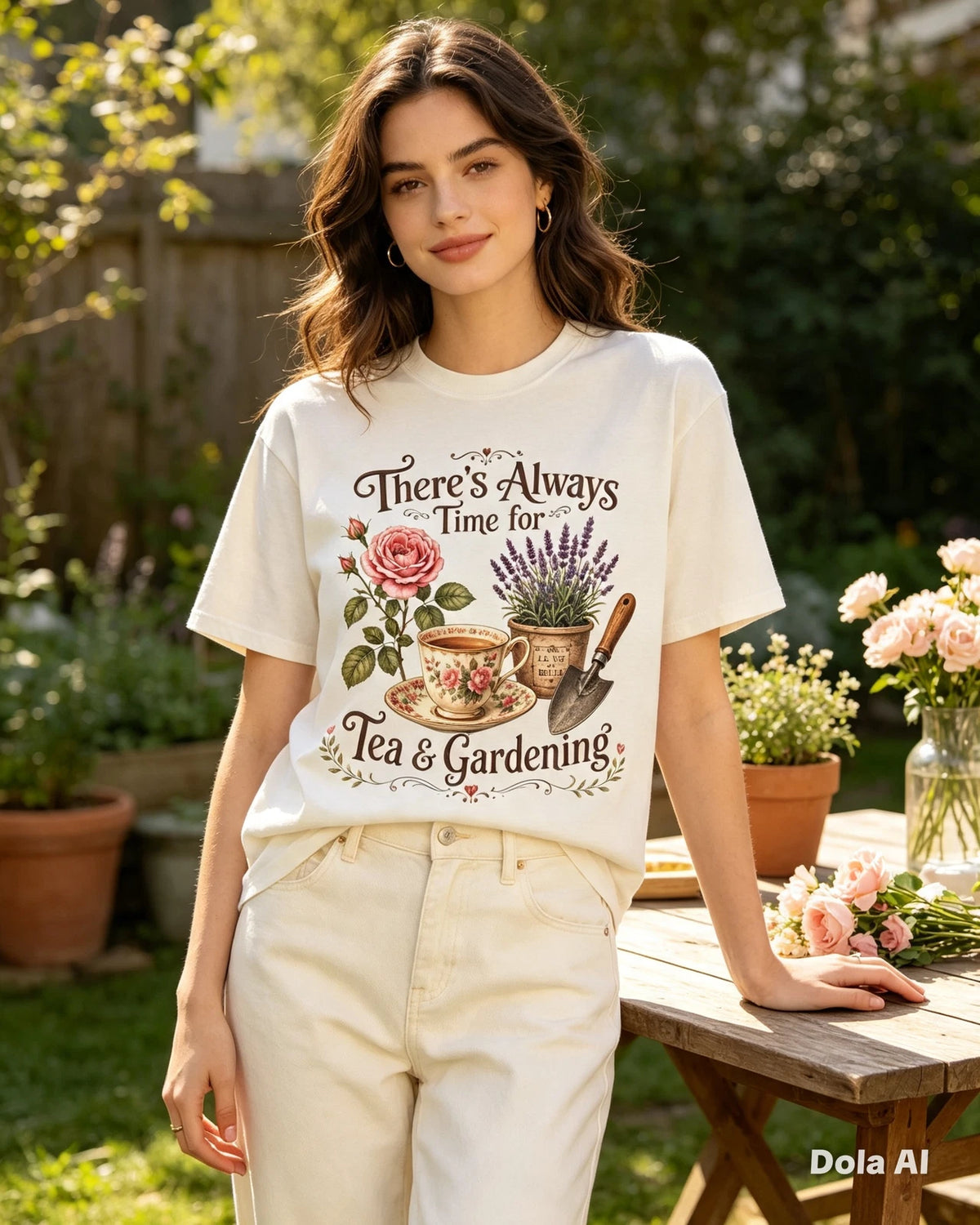 Tea & Gardening floral illustration T-Shirt | Rose, Teacup, Lavender