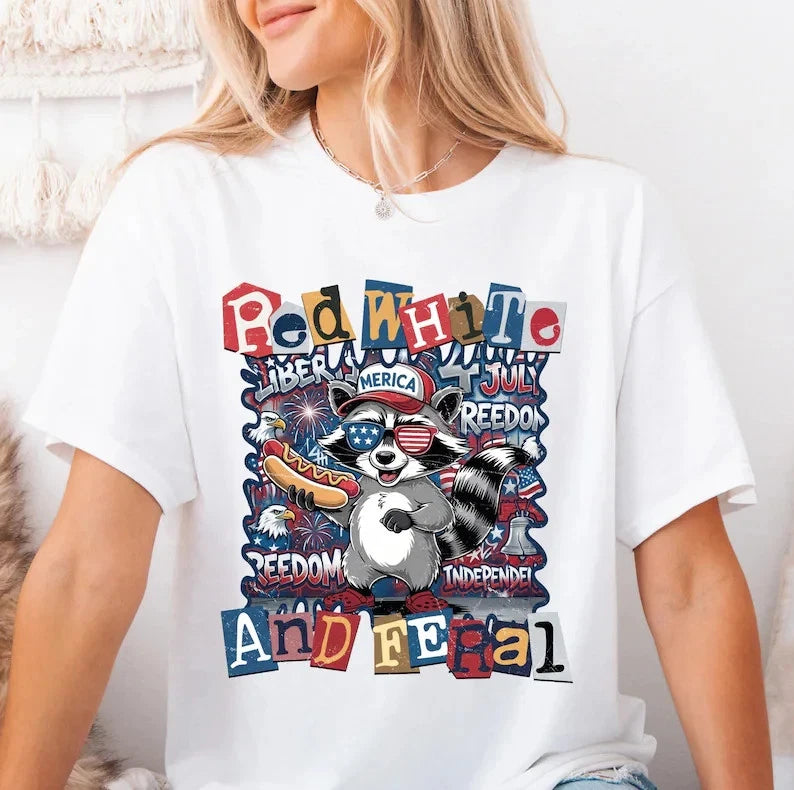 New Red White and Feral Shirt, 4th of July Raccoon T-Shirt, Funny American Gift