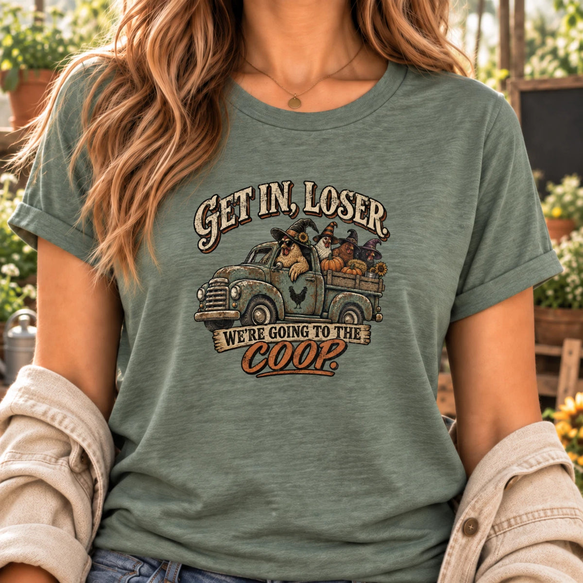 Get In, Loser, We're Going to the Coop T-Shirt: Funny Halloween Chicken Graphic