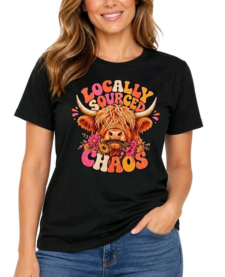 Locally Sourced Chaos Highland Cow Shirt Funny Boho Floral Graphic Tee Gift Mom