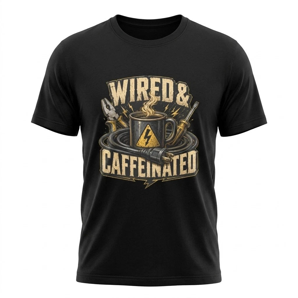 Wired And Caffeinated Electrician Coffee Humor Black T-Shirt