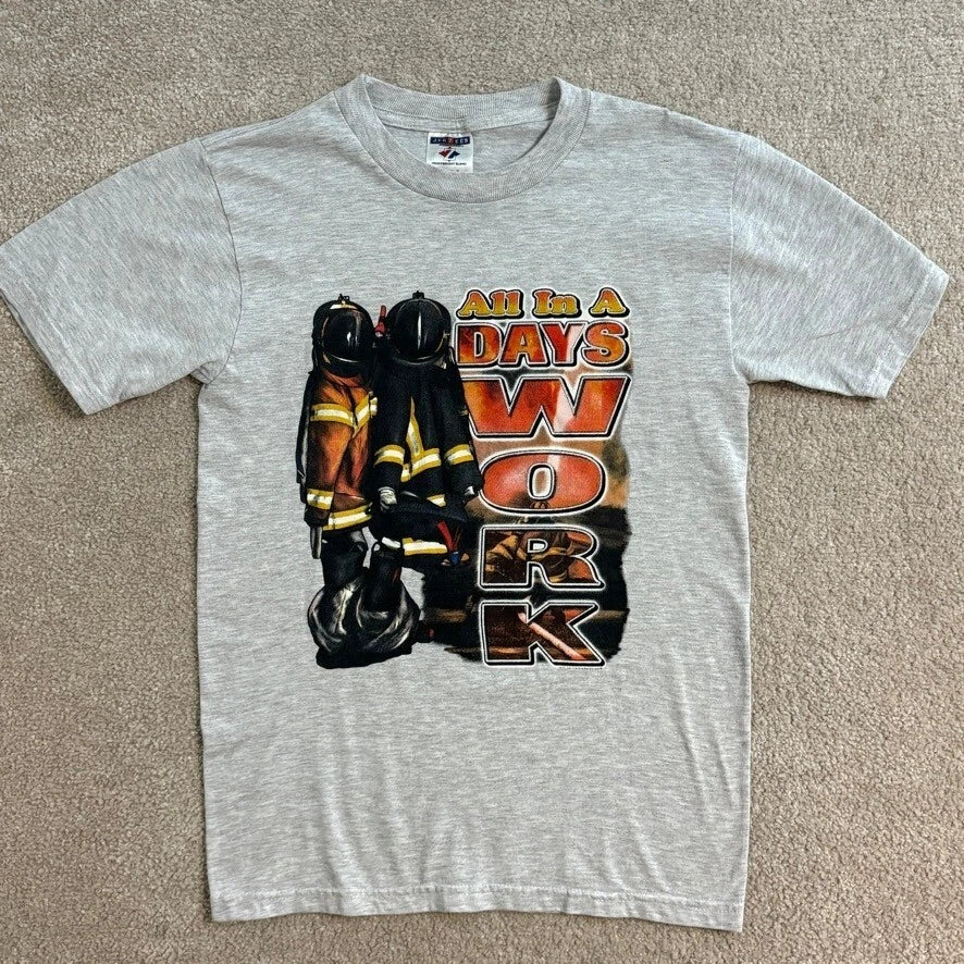 Jerzees Firefighter T-Shirt All In A Days Work Graphic Tee Boxy Mens Size S