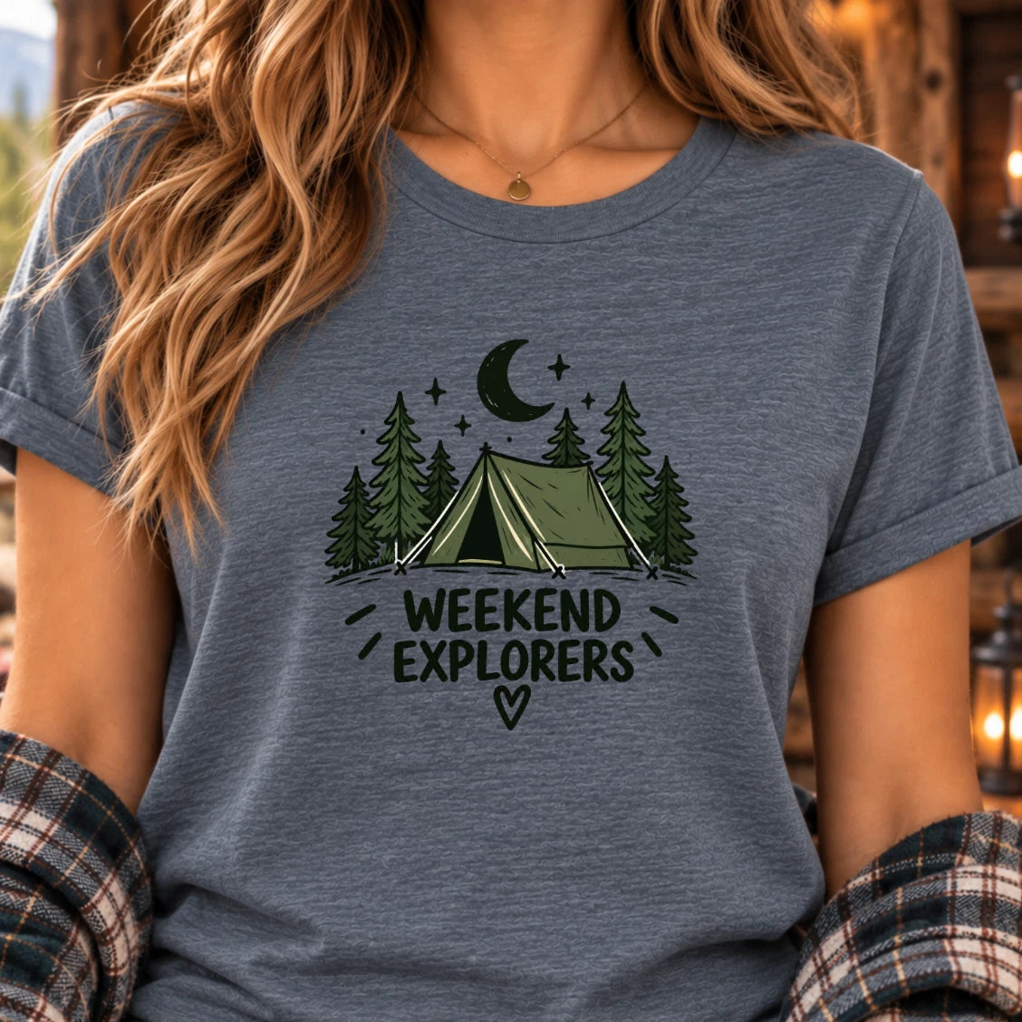 Weekend Explorers Camping T-Shirt: Tent and Pine Forest Graphic