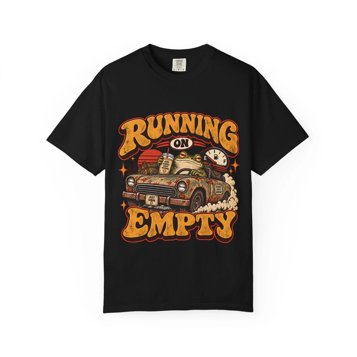 Running on Empty Shirt Funny Frog Graphic Tee Vintage Retro Road Trip Coffee