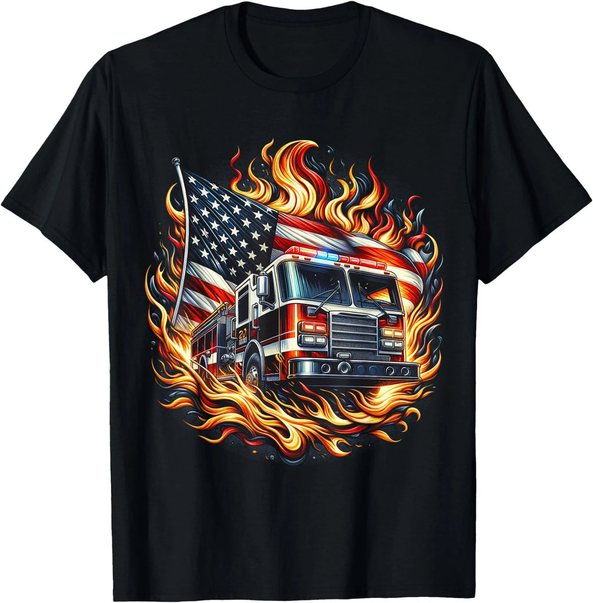 Firefighter Patriotic Fire Truck Fireman American Flag T-Shirt
