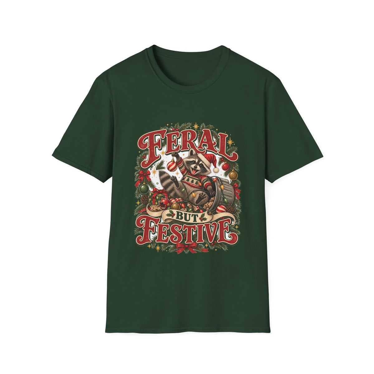 Feral But Festive Funny Raccoon Christmas Tee | Vintage Holiday T-Shirt