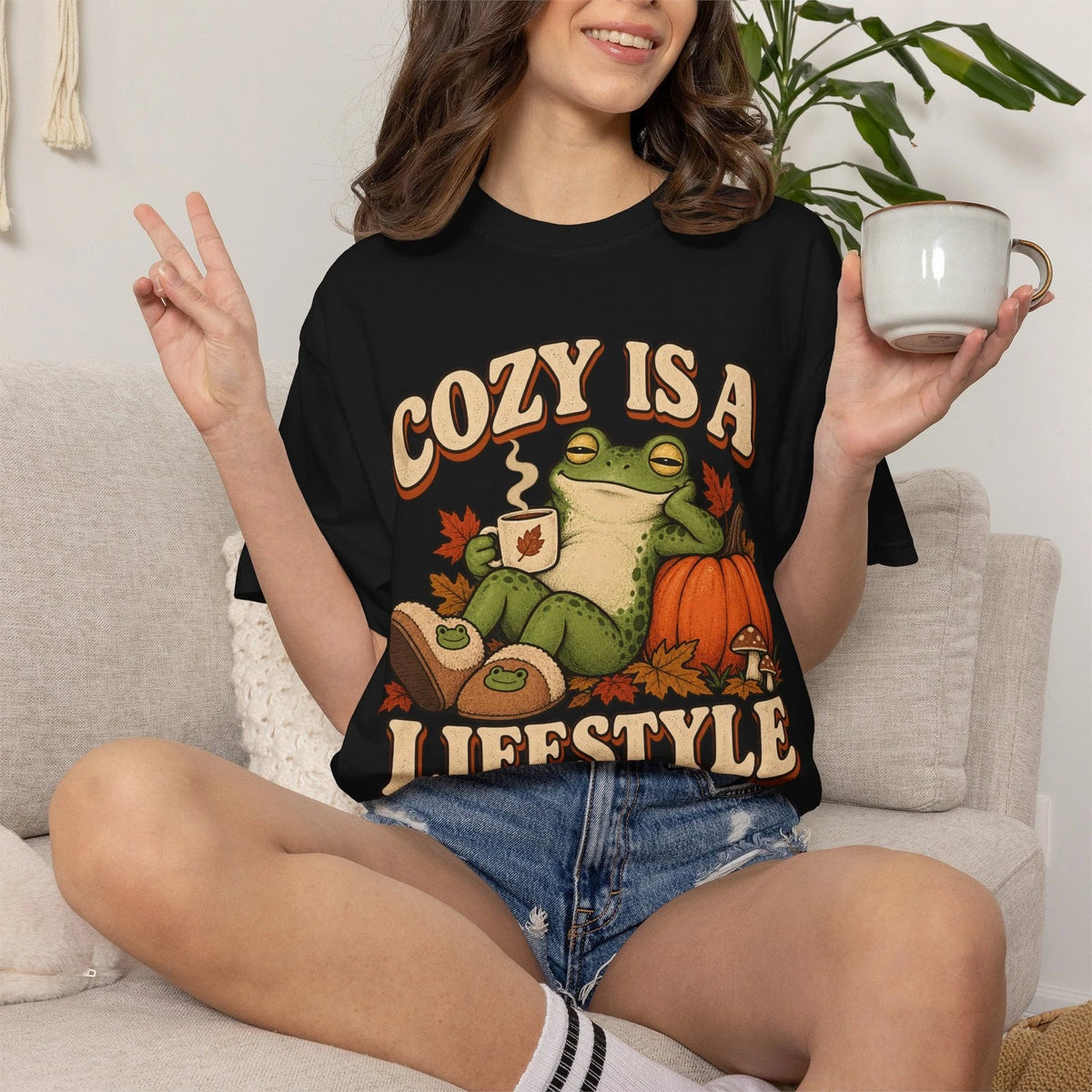 Cozy Is A Lifestyle frog, T-Shirt | Fall pumpkin, autumn leaves
