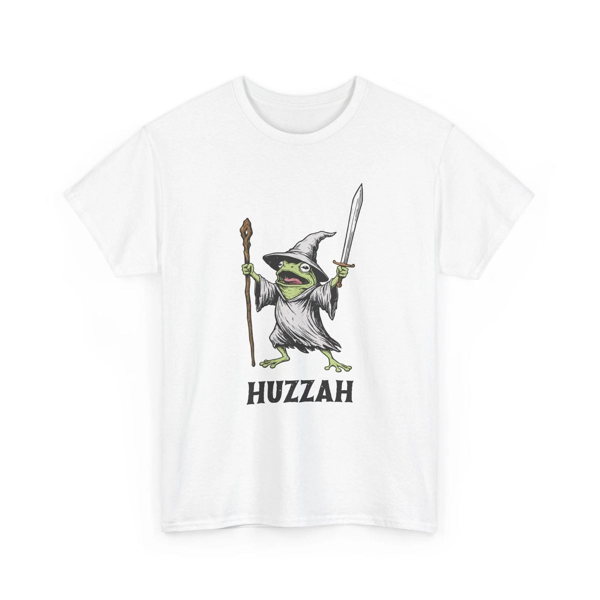 Huzzah Frog Wizard Shirt Medieval Fantasy Magic Sword Staff Humorous Graphic Tee