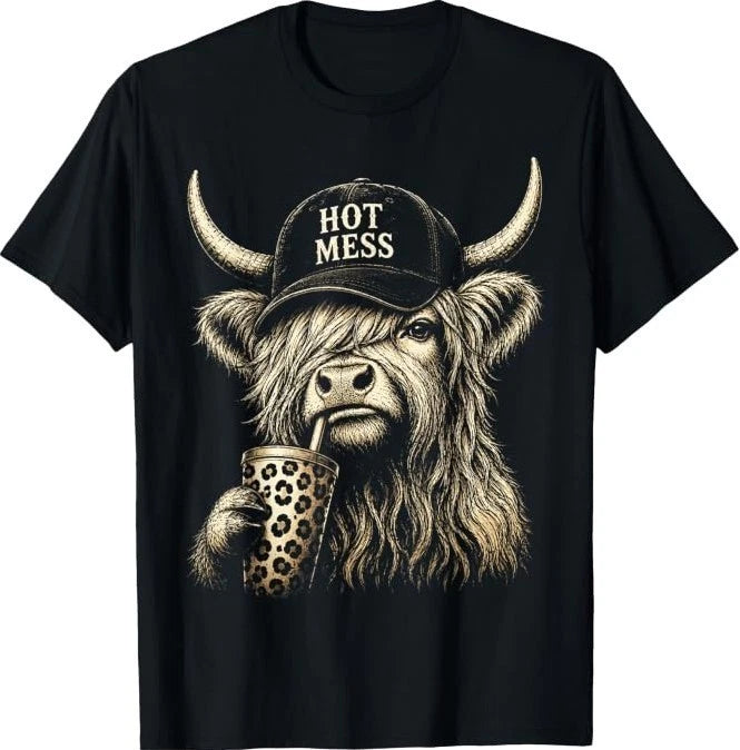 Hot Mess Highland Cow Funny Cute Coffee Lover Graphic T-Shirt