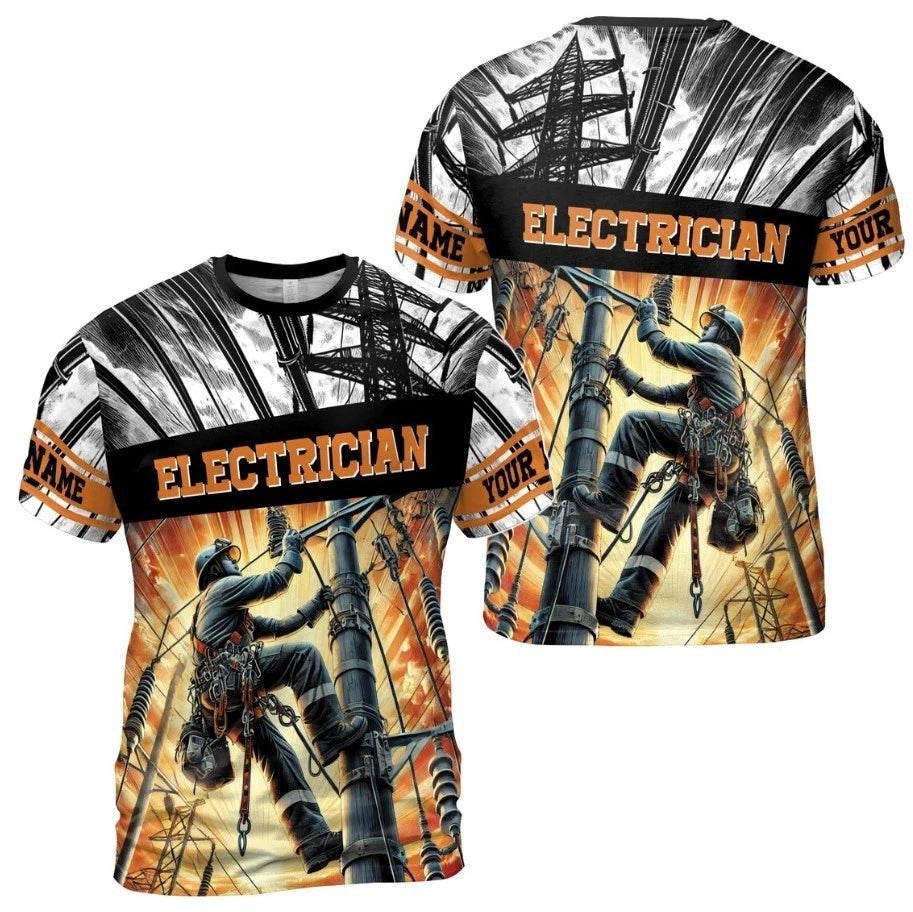 Customize Name Electrician Working Sky Industrial Art Black White Orange 3D T-Sh