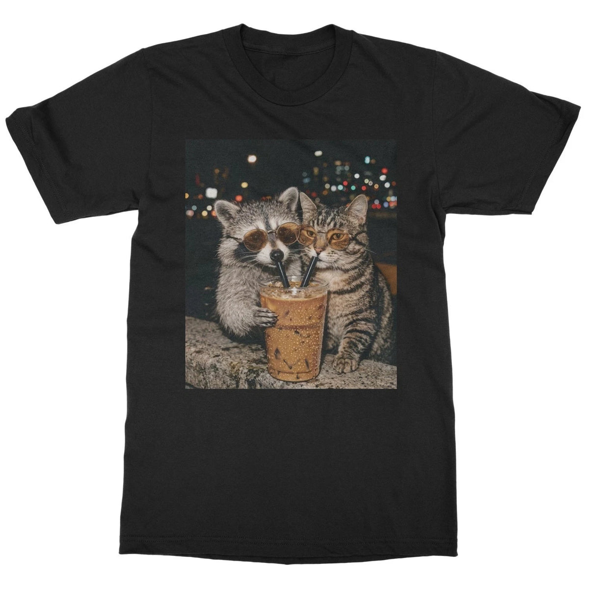 Raccoon and Cat Drinking Iced Coffee Funny Animal T-shirt