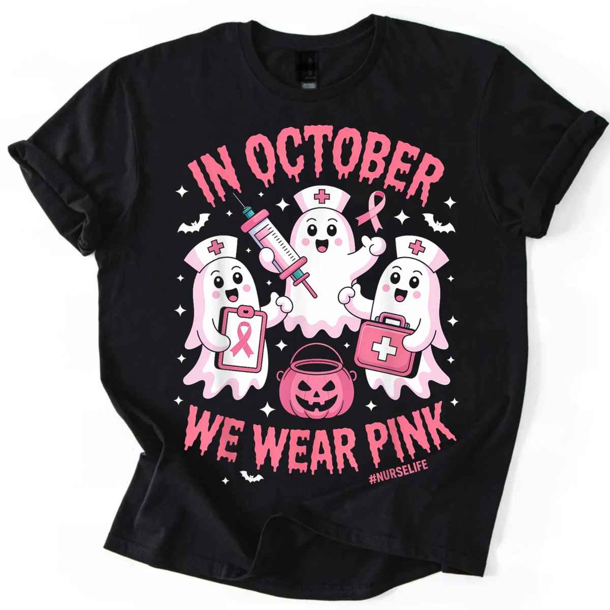 In October We Wear Pink Nurse Life Ghost Halloween Breast Cancer Awareness Tee