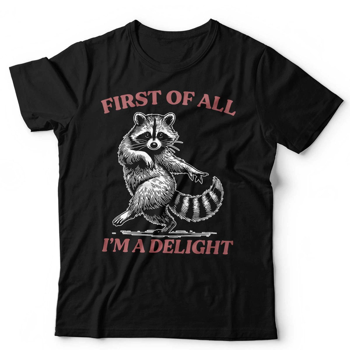 Funny Raccoon T-Shirt First Of All Im A Delight Meme Unisex & Kids Tee Cute