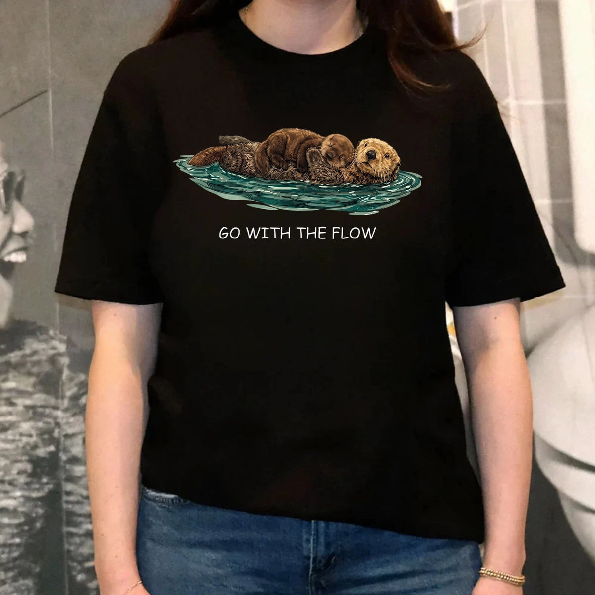 Go With The Flow Otter Graphic T Shirt Cute Sea Otter Animal Lover Unisex Tee