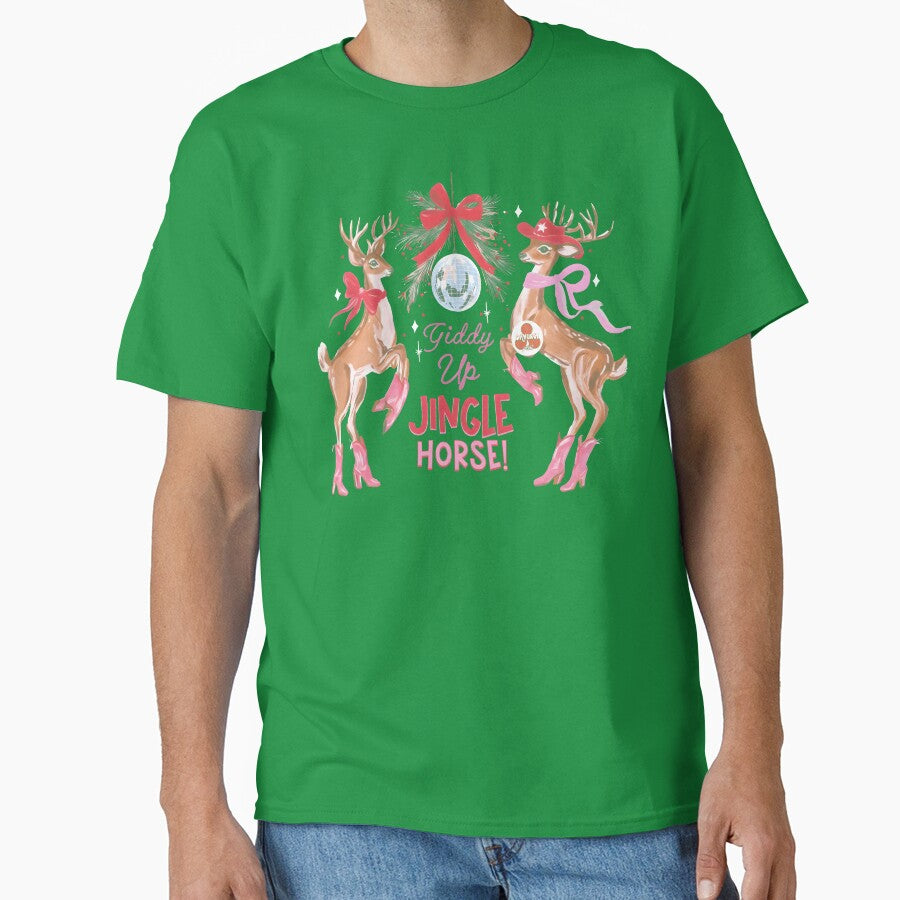 Giddy Up Jingle Horse Shirt, Pink Reindeer Christmas Graphic Tee, Retro Holiday Cowgirl Western Christmas Gift by Xtusdior