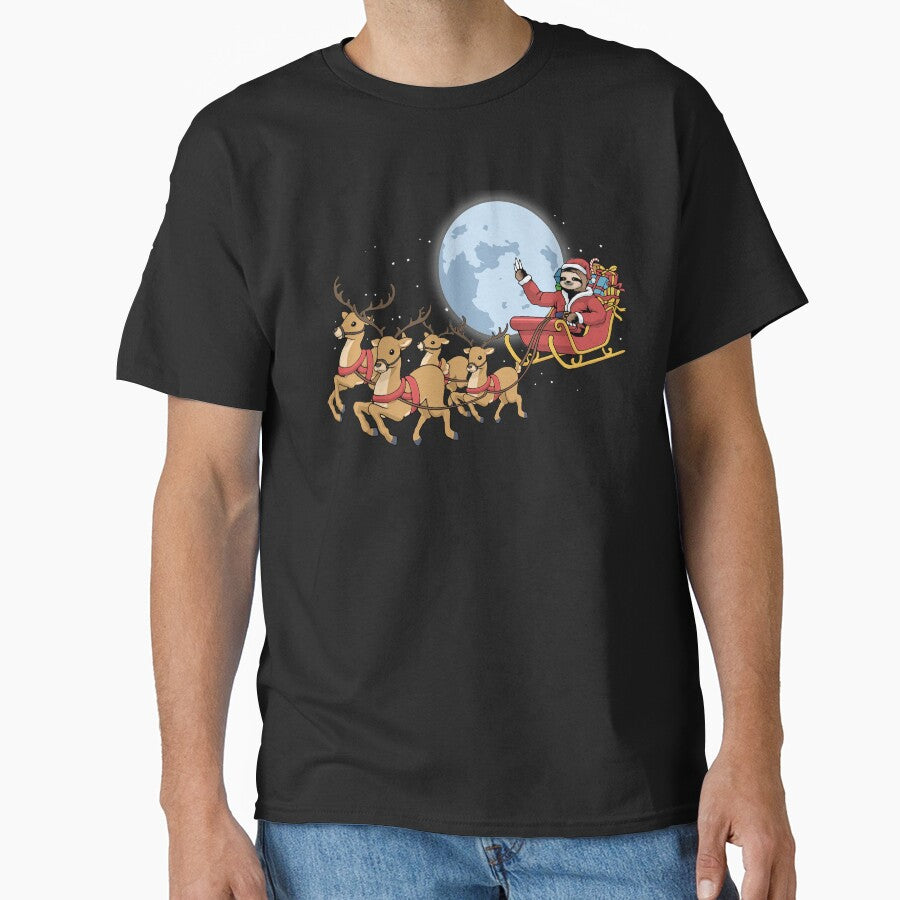 Christmas Sloth Santa Claus Reindeer Sleigh by DSWShirts