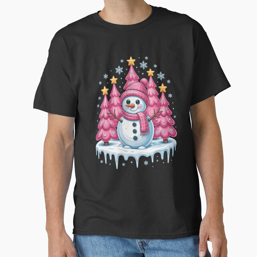 Smiling Snowman with Pink Trees by jkrphoto
