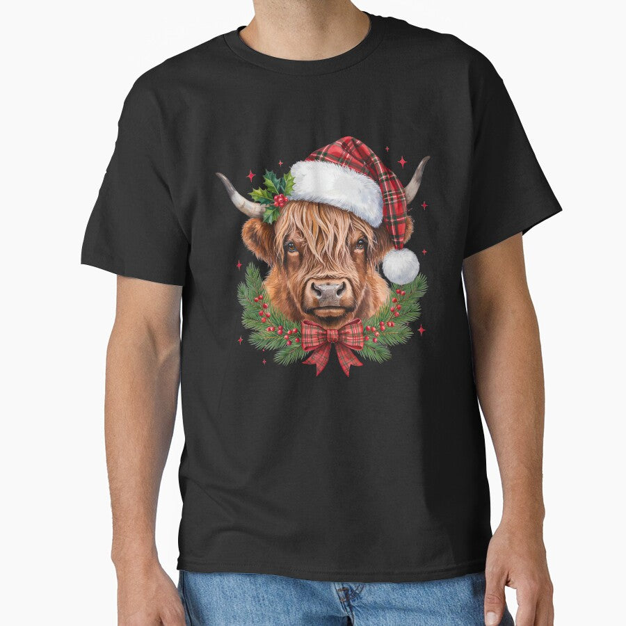 Highland Cow Christmas Plaid Santa Hat Winter Wreath by DYAFLK