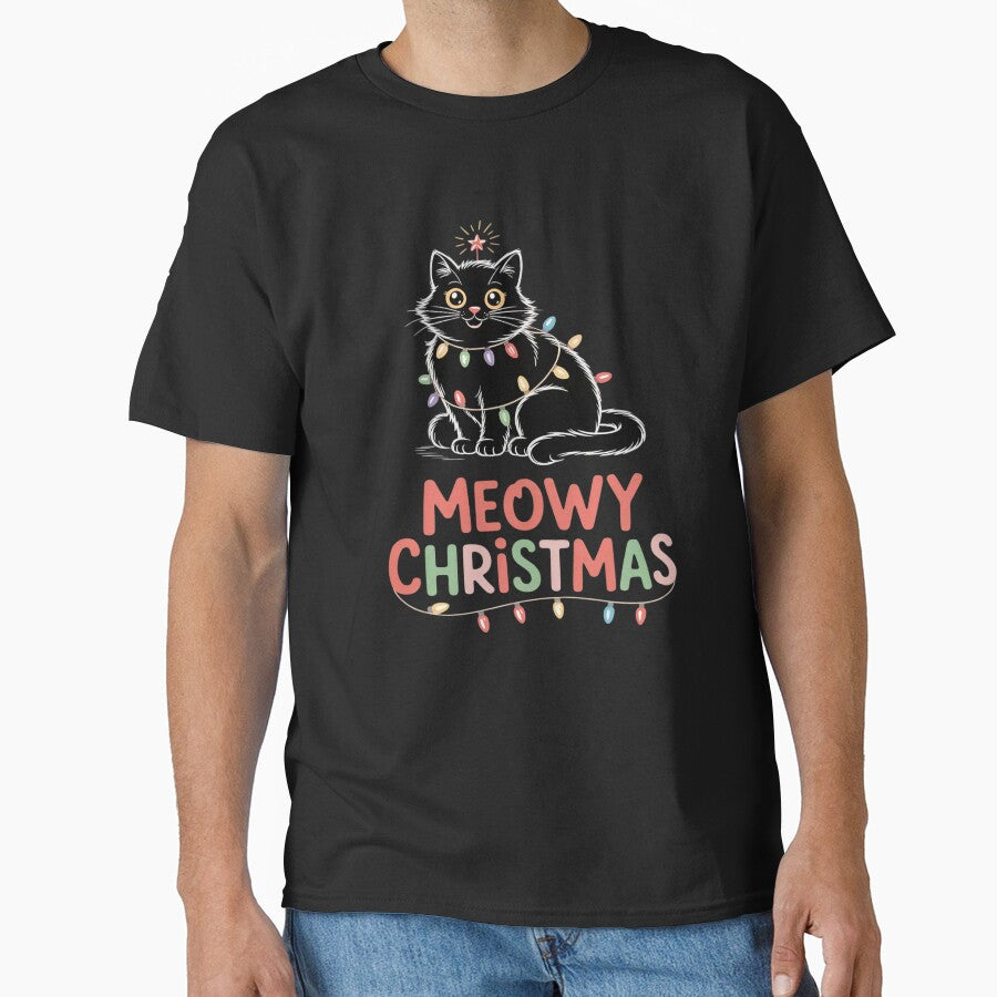Meowy Christmas Xmas Lights Black Cat Pajamas Family by AmparoBoyle
