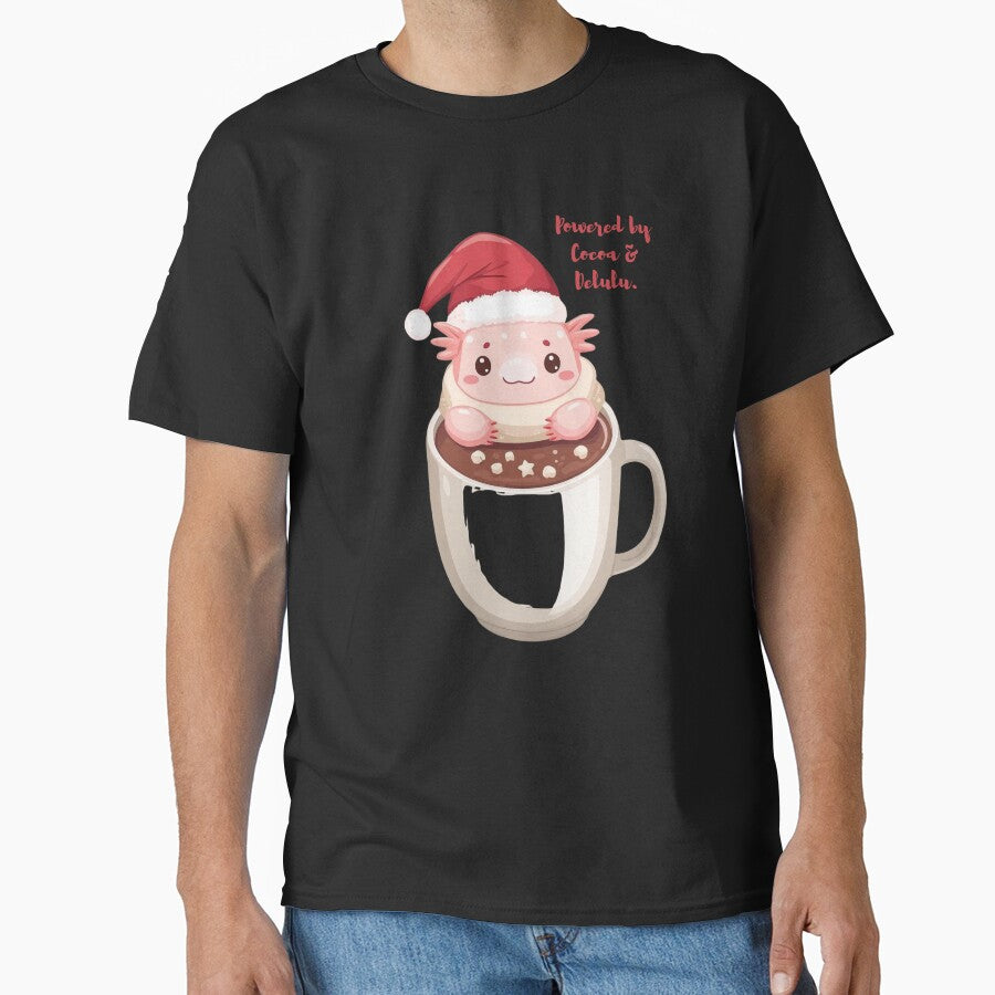 Powered by Cocoa and Delulu – Santa Axolotl Funny Christmas Meme Design by zoocore