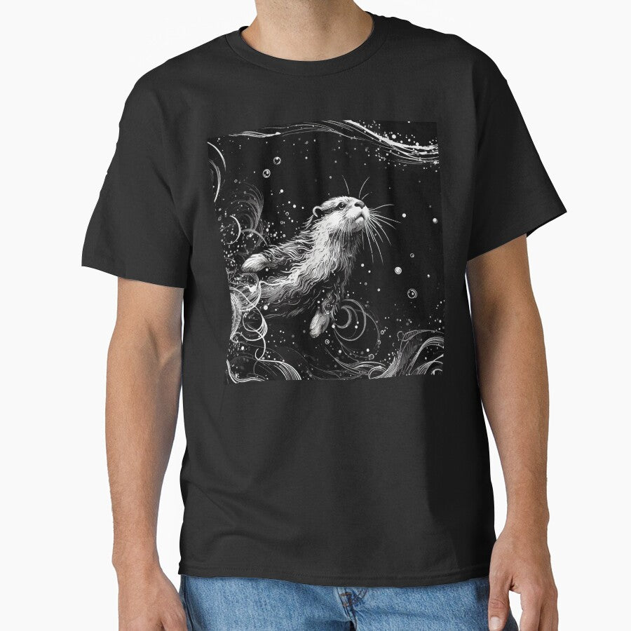Monochromatic Abstract Outline Otter Swimming Underwater by TomFrontierArt